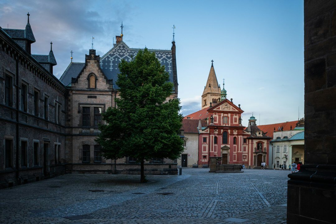 Dark moody book cover style image of an old cathedral square at dusk