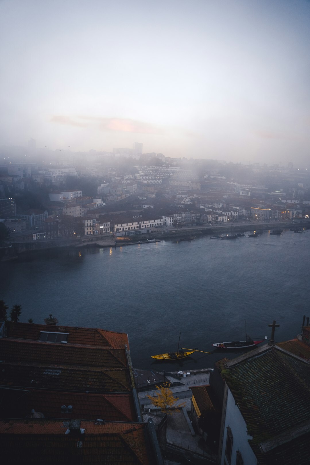 Dark moody book cover style image of a foggy old city skyline
